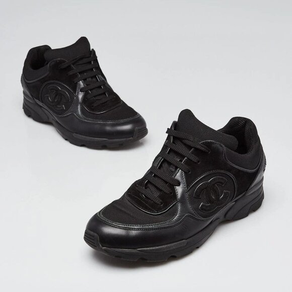 Chanel Black Leather/Suede Logo Sneakers Size 5.5/36 495-050325 - Picture 1 of 5